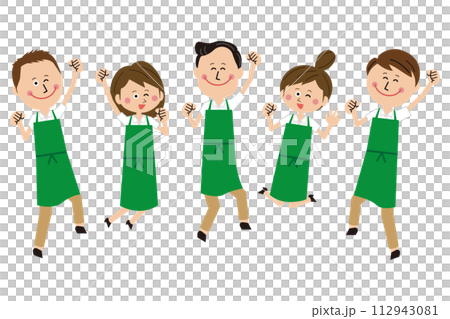 ポップな緑のエプロンをした5人の男女がジャンプ 112943081