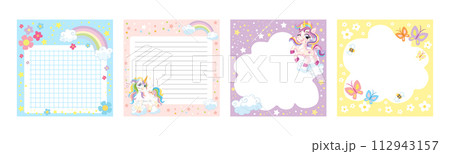 Notes pages with cute unicorns vector set 112943157