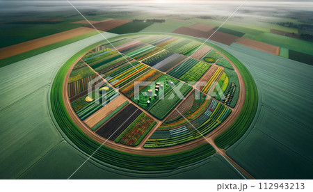 an aerial view of an agricultural farm, crop rotation fields, cover cropping, and areas dedicated to biodiversity, such as bee habitats and wildflower strips. Generative AI 112943213