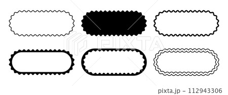 Set of different oval frames with wavy edges. Rectangular shapes with wiggly borders. Banner frames, empty text boxes, speech bubbles, tags or labels scalloped elements. Vector graphic illustration Set of different oval frames with wavy edges. Rectangular shapes with wiggly borders. Banner frames, empty text boxes, speech bubbles, tags or labels scalloped elements. Vector graphic illustration 112943306