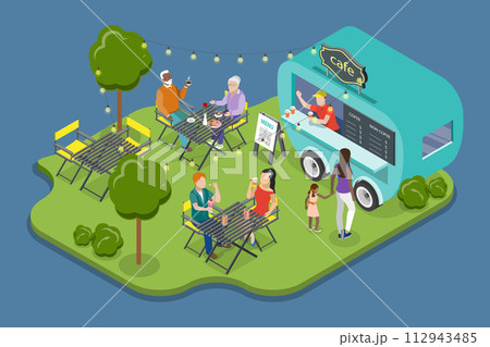 3D Isometric Flat Vector Illustration of Street Food Restaurant, Summer Public Entertainment Party 3D Isometric Flat Vector Illustration of Street Food Restaurant, Summer Public Entertainment Party 112943485