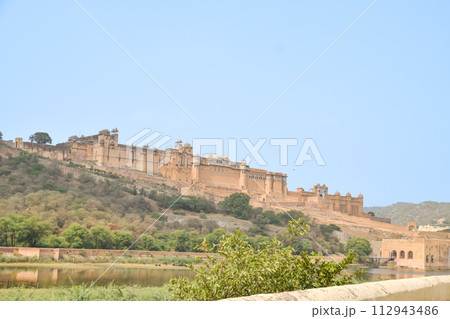 Frontal panoramic image of Amber Fort,tourist destination in pink city of Jaipur Frontal panoramic image of Amber Fort,tourist destination in pink city of Jaipur 112943486