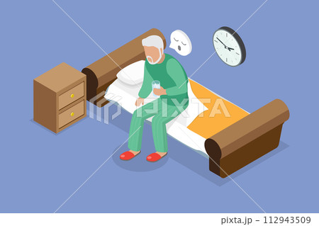3D Isometric Flat Vector Illustration of Insomnia, Old Person Suffering from Sleeplessness 112943509