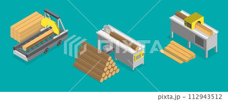 3D Isometric Flat Vector Illustration of Sawmill, Furniture Making Tools and Processes 112943512