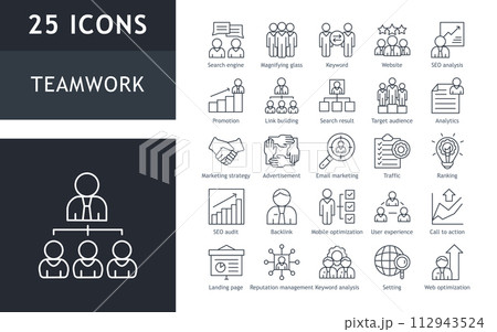 Minimal Teamwork in business management icon set. Support, communication, group, partnership, organization, together outline icons collection. Minimal Teamwork in business management icon set. Support, communication, group, partnership, organization, together outline icons collection. 112943524