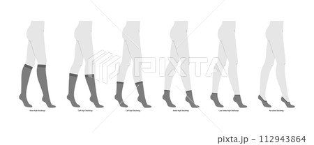 Set of stocking hosiery low cut, ankle, mid calf, over knee high length hose. Fashion accessory clothing technical 112943864