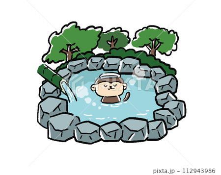 露天風呂に入るサルの手描き風イラスト 露天風呂に入るサルの手描き風イラスト 112943986