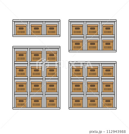 white wooden shelf bookcase storage with boxes home furniture vector flat illustration 112943988