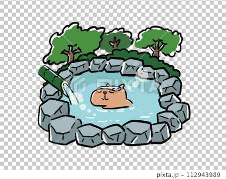 Hand-drawn style illustration of a capybara taking an open-air bath in the mountain 112943989