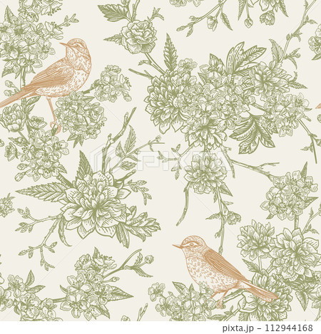 Seamless floral pattern with birds. Blooming garden trees cherry and rose. Green and gold. 112944168