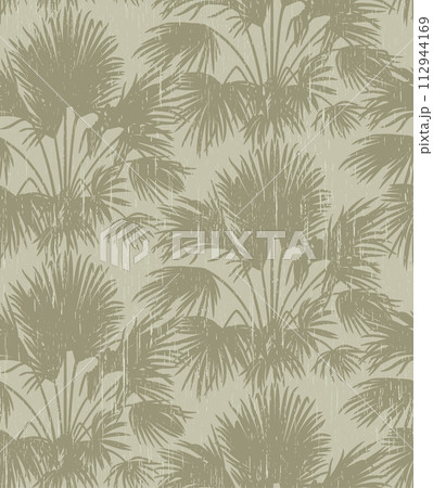 Seamless pattern with silhouettes of palm trees with vintage aged texture. Vector floral background. Delicate gray-green color. 112944169