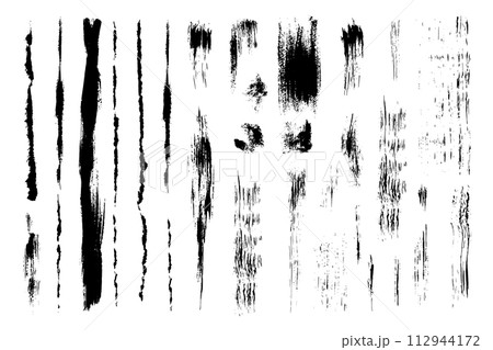 Set with dry brush strokes. Vertical textural lines and strokes. Grain texture. Handmade. Black and white. 112944172