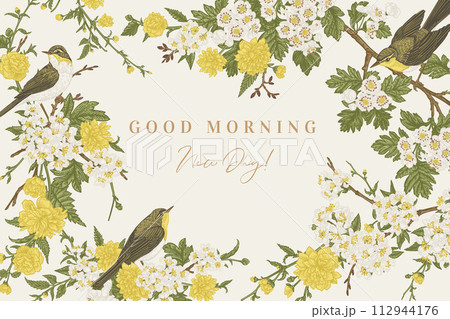 Frame with flowers and birds. Blooming branches of garden trees. Cherry, hawthorn and Japanese kerria. Spring background. Colorful 112944176