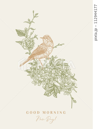 Botanical card with bird and flowers. Spring cherry blossoms. Green and gold. 112944177