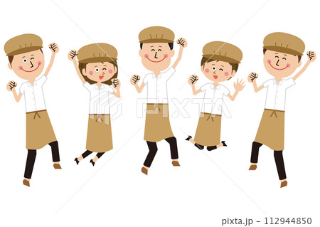 ポップなカフェ店員またはパン屋の男女 整列してジャンプ 112944850