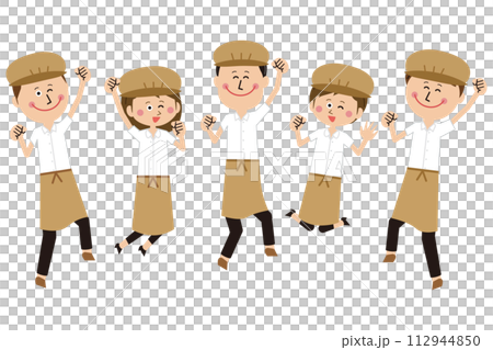 ポップなカフェ店員またはパン屋の男女 整列してジャンプ 112944850