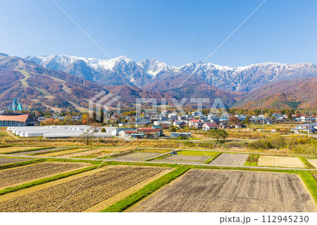 秋の長野県白馬 三段紅葉の白馬三山 秋の長野県白馬 三段紅葉の白馬三山 112945230