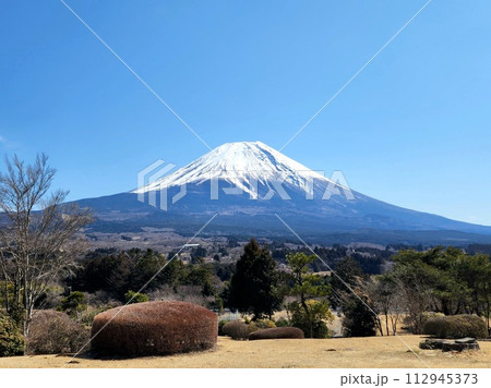 高原の丘に雪の富士 112945373