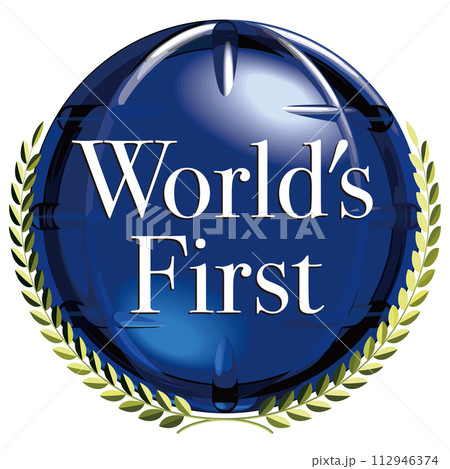 青い地球と黄金の月桂樹のエンブレム　World First　ベクターイラストレーション 112946374