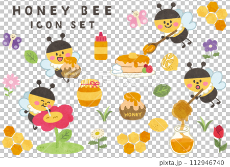 Cute bee and honey illustration icon set Cute bee and honey illustration icon set 112946740