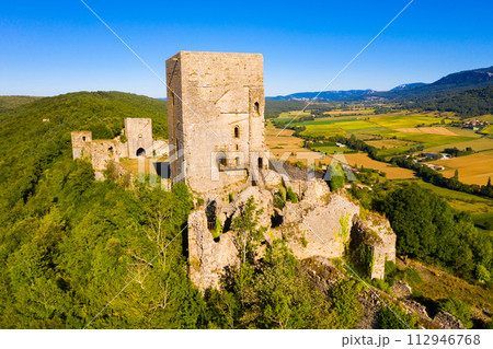 Aerial view of Puivert Castle, Aude, France Aerial view of Puivert Castle, Aude, France 112946768