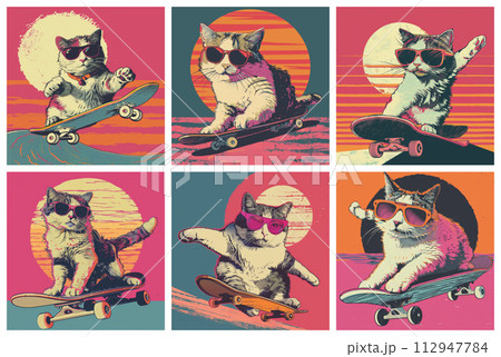 Squad of Cats Riding Skateboards with Sunglasses 112947784