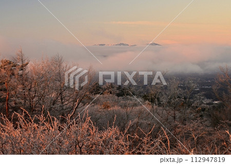 軽井沢旧碓氷峠見晴台から霧氷着く木々に朝焼け空と雲海から頭出す八ヶ岳連峰 112947819