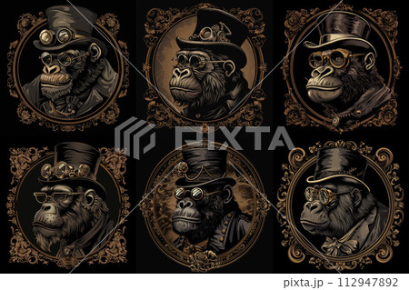 Punk Primate. Steampunk Gorilla Strutting in Hat and Goggles Punk Primate. Steampunk Gorilla Strutting in Hat and Goggles 112947892