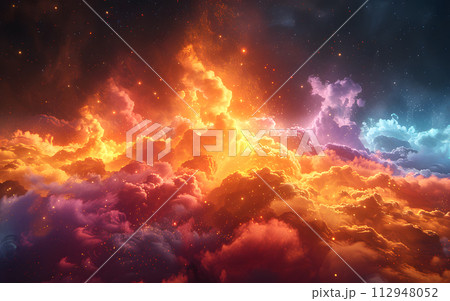 AI-generated content. A spectacular sight of fiery and watery elements bursting from the cloudy sky at dusk, blending with the amber tones of the setting sun on the horizon AI-generated content. A spectacular sight of fiery and watery elements bursting from the cloudy sky at dusk, blending with the amber tones of the setting sun on the horizon 112948052