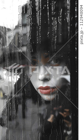 AI-generated content. A blackhaired womans face, with bold lipstick and long eyelashes, is reflected in a window of a building. She looks like a fictional character from a dark movie or piece of art 112948094