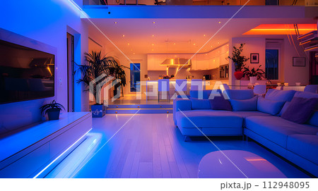 AI-generated content. A leisure room with a cozy couch, TV, and electric blue lighting. The room is enhanced with blue lights and a houseplant for a relaxing atmosphere 112948095