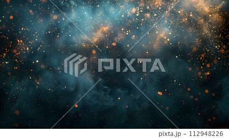 AI-generated content. An astronomical object resembling a galaxy with electric blue stars and nebulae, surrounded by dark smoke in a space art event 112948226