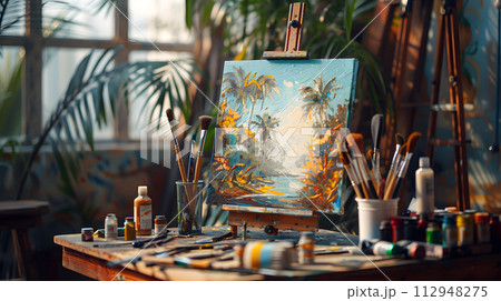 AI-generated content. A painting on an easel sits on a table surrounded by brushes and paints in an art studio, creating a tranquil environment for leisure and creativity AI-generated content. A painting on an easel sits on a table surrounded by brushes and paints in an art studio, creating a tranquil environment for leisure and creativity 112948275