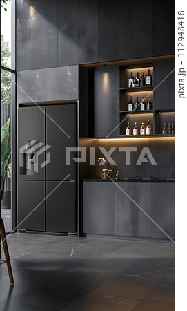 AI-generated content. A kitchen featuring sleek black cabinetry, a stainless steel refrigerator, and hardwood flooring. The gas stove is situated in a rectangular layout in this modern home kitchen AI-generated content. A kitchen featuring sleek black cabinetry, a stainless steel refrigerator, and hardwood flooring. The gas stove is situated in a rectangular layout in this modern home kitchen 112948418