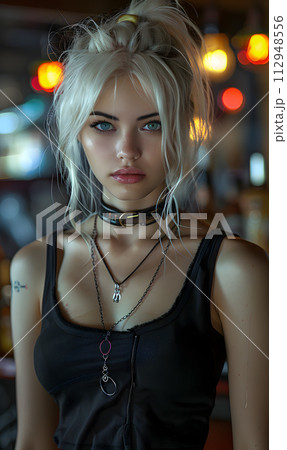 AI-generated content. a woman with blonde hair and blue eyes is wearing a choker and a black tank top . High quality AI-generated content. a woman with blonde hair and blue eyes is wearing a choker and a black tank top . High quality 112948556