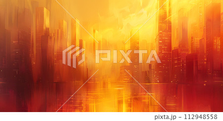 AI-generated content. The painting depicts a city engulfed in flames, with fiery amber and orange hues against a natural landscape. Tints and shades of wood and peach create a heatfilled sunrise on 112948558