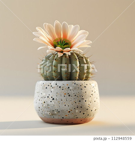 AI-generated content. A terrestrial plant, such as a cactus, in a ceramic flowerpot with a flower blooming on top. A beautiful combination of natural materials and creative arts, perfect for any event 112948559