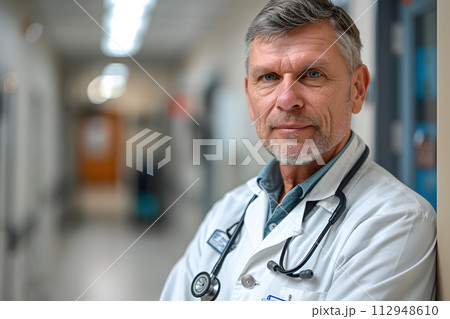 AI-generated content. A doctor in a whitecollar job, wearing a dress shirt with electric blue sleeves and a stethoscope around his neck, standing in a hospital hallway AI-generated content. A doctor in a whitecollar job, wearing a dress shirt with electric blue sleeves and a stethoscope around his neck, standing in a hospital hallway 112948610