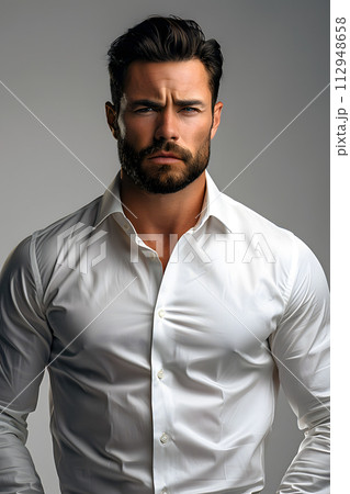 AI-generated content. A bearded man in a white dress shirt is gazing at the camera, showcasing his facial hair and strong jawline while his head is framed by the sleeves of his outerwear 112948658