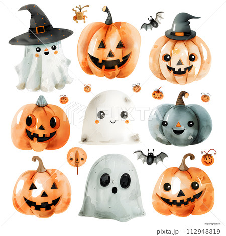 AI-generated content. A variety of Halloweenthemed pumpkins, ghosts, bats, and spiders with different facial expressions, showcased on a white background AI-generated content. A variety of Halloweenthemed pumpkins, ghosts, bats, and spiders with different facial expressions, showcased on a white background 112948819