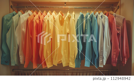 AI-generated content. A closet filled with a variety of colorful shirts hanging on clothes hangers, showcasing a range of tints and shades in fashion design on rectangular racks 112948942