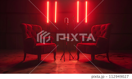 AI-generated content. Two red chairs are placed together on the empty stage in a dark room with magenta lighting, creating a dramatic atmosphere for an entertainment event 112949027