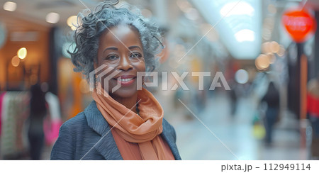 AI-generated content. A happy woman with gray hair and an electric blue scarf is smiling and shopping in a mall. She gestures with her thumb while having fun during this event 112949114