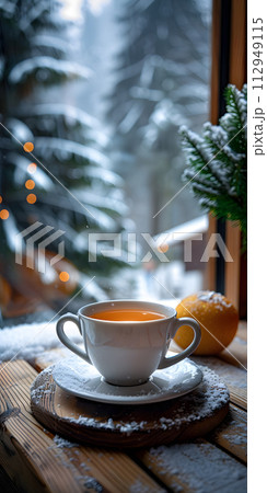 AI-generated content. A teacup filled with hot tea is placed on a saucer on a wooden table near a window, creating a cozy and inviting scene 112949115