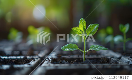 AI-generated content. A small terrestrial plant is emerging from a tray of soil, growing into a beautiful flowering plant. Water it regularly to help it thrive and grow into a lovely addition to your 112949117