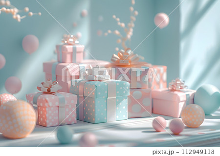 AI-generated content. A still life photography captures a bunch of gifts stacked on top of each other on a table, with aqua, gas and electric blue elements in a winterthemed room 112949118