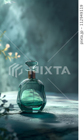 AI-generated content. Next to a vase of flowers on the table sits a glass bottle of perfume. The bottle contains liquid, similar to water or a drinkware, that emits a pleasant scent 112949119