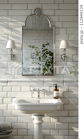 AI-generated content. A bathroom in a building with white tiled walls and a rectangle mirror above the sink. The floor is tiled with wood accents. Interior design features plumbing fixtures and a tap AI-generated content. A bathroom in a building with white tiled walls and a rectangle mirror above the sink. The floor is tiled with wood accents. Interior design features plumbing fixtures and a tap 112949134