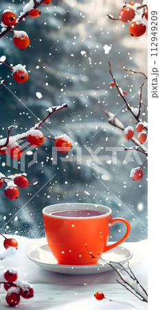 AI-generated content. A cup of hot tea rests on a saucer atop a table, with a snowy tree in the background, creating a peaceful winter scene AI-generated content. A cup of hot tea rests on a saucer atop a table, with a snowy tree in the background, creating a peaceful winter scene 112949209