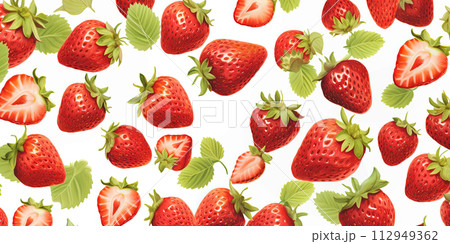 AI-generated content. Fresh ripe strawberries pattern on white background, fruit banner AI-generated content. Fresh ripe strawberries pattern on white background, fruit banner 112949362